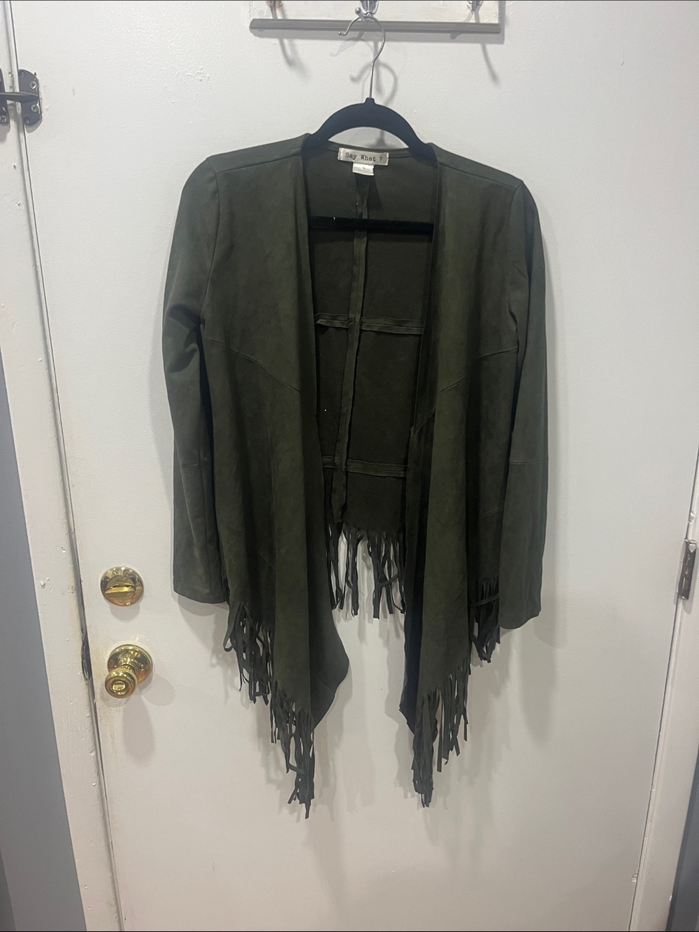 Say What? Olive Green Suede-Style Fringe Jacket